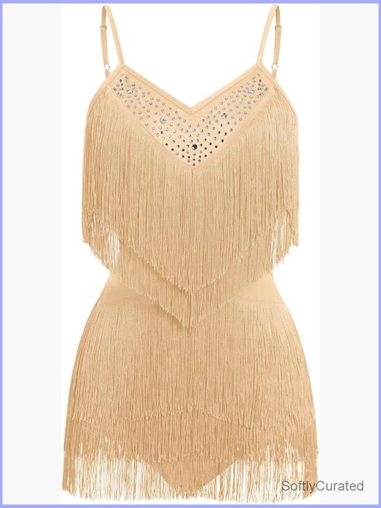 Dresses & Skirts - Women's Rhinestone Fringe Latin Dance Dress Leotard V Neck Tie Back